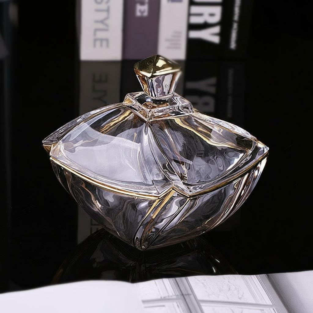 Front view of gold rimmed glass lidded dish