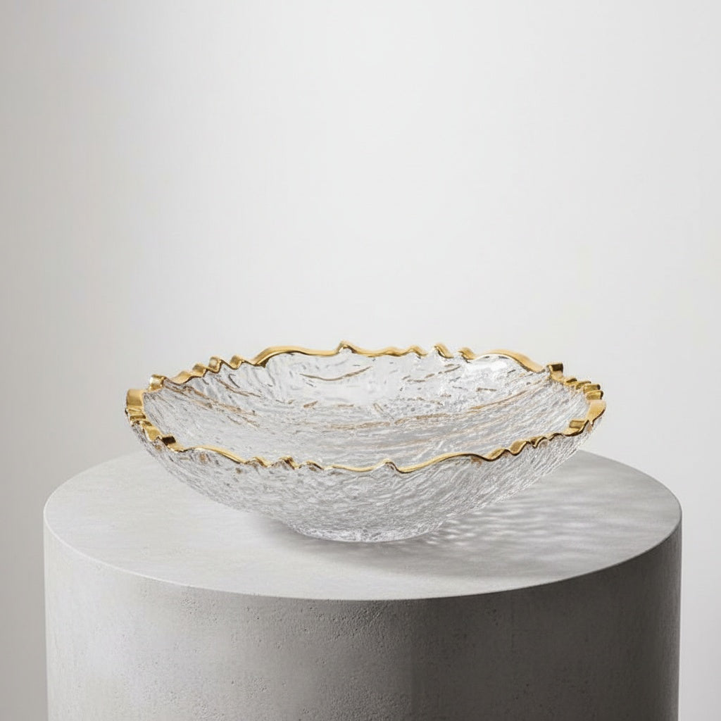 Gold-rimmed textured crystal serving bowl with irregular edge