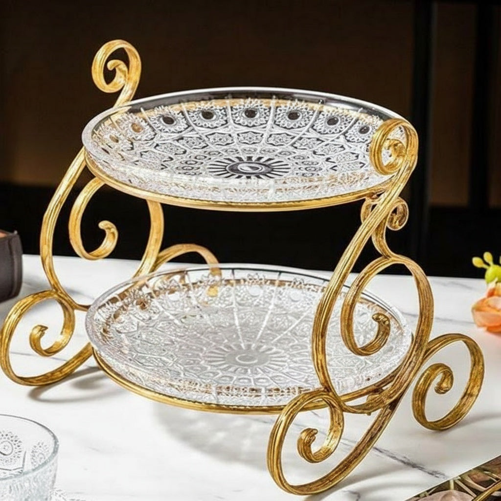Gold scrollwork two tier serving stand front view