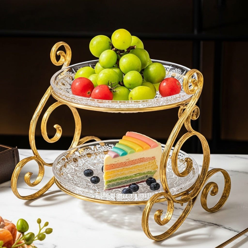 Two tier stand displaying fruit and cake