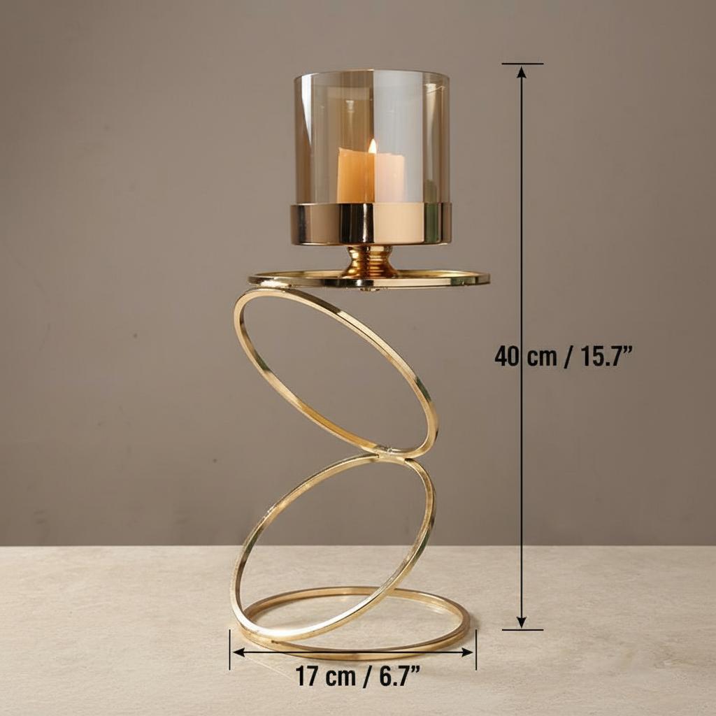 Dimension diagram of large gold spiral candle holder 40cm height