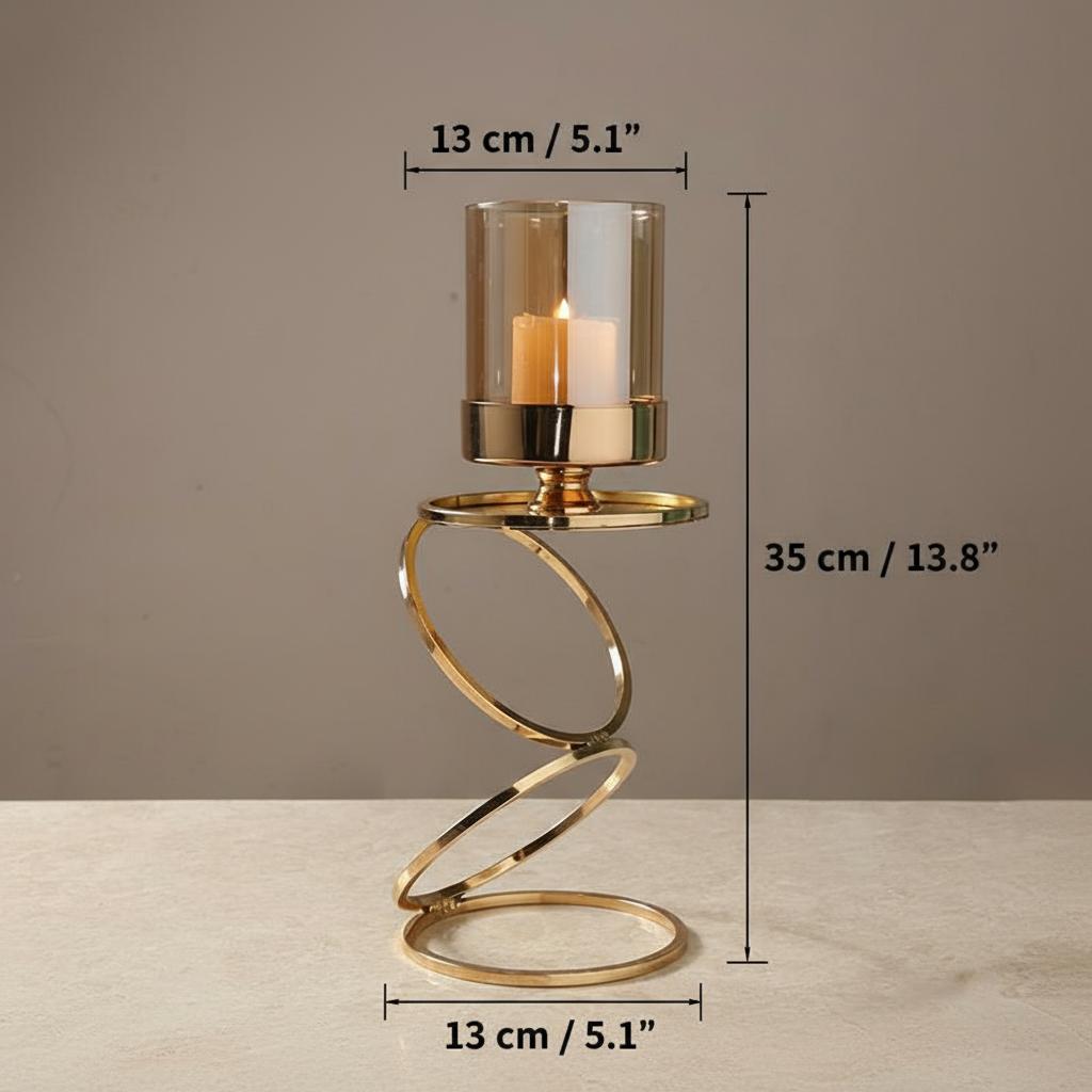 Dimension diagram of medium gold spiral candle holder 35cm height