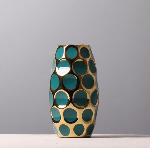 Large gold and teal geometric vase front view