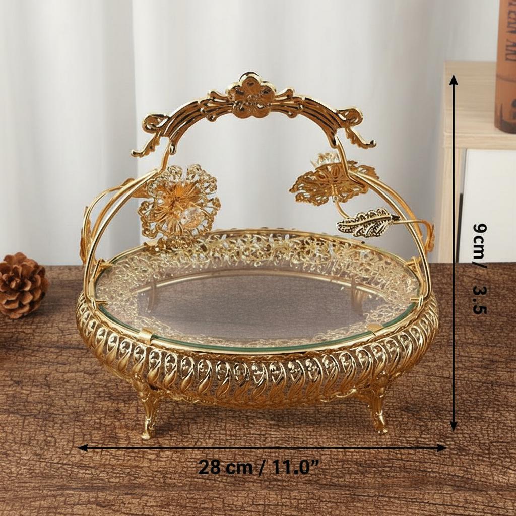 Dimensions diagram of gold serving basket showing 28cm width