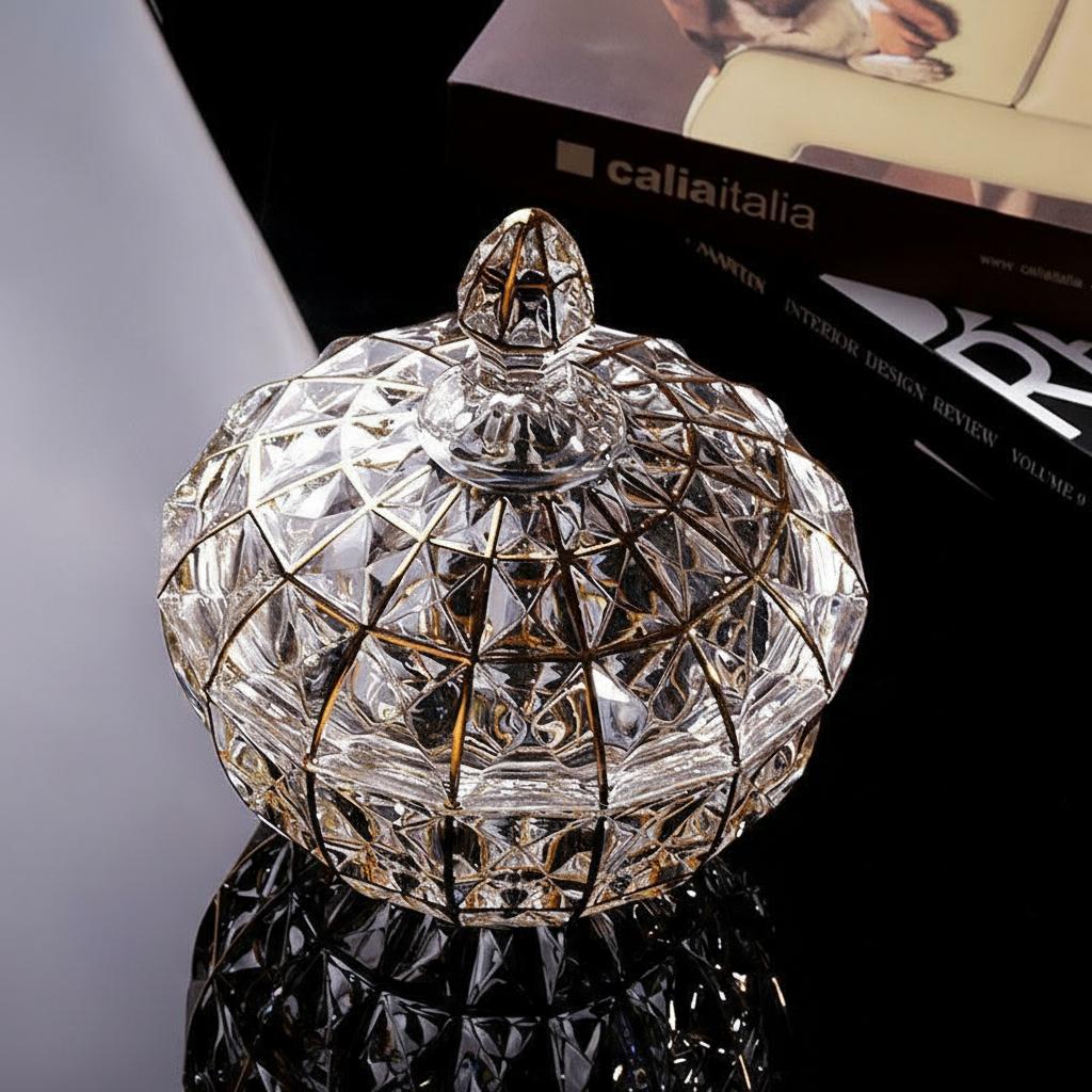 Dimension diagram of gold trimmed glass candy jar