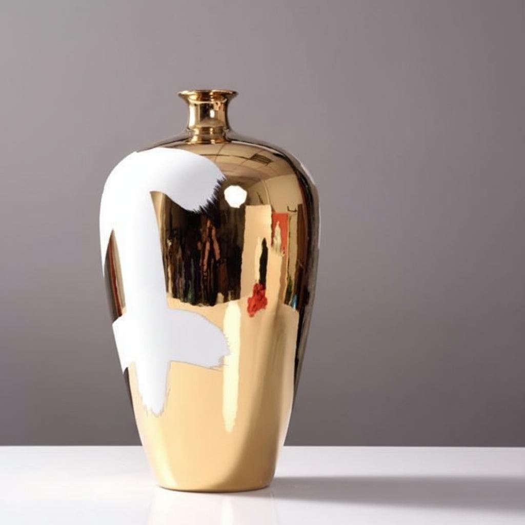 Studio shot of gold ceramic vase with white abstract design