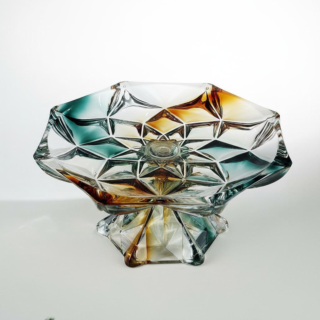 Eye-level view of geometric colored glass pedestal bowl