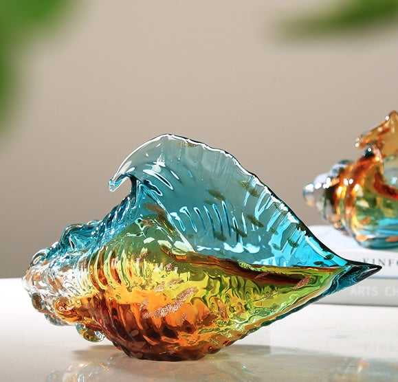 Large glass shell sculpture with dimension annotations