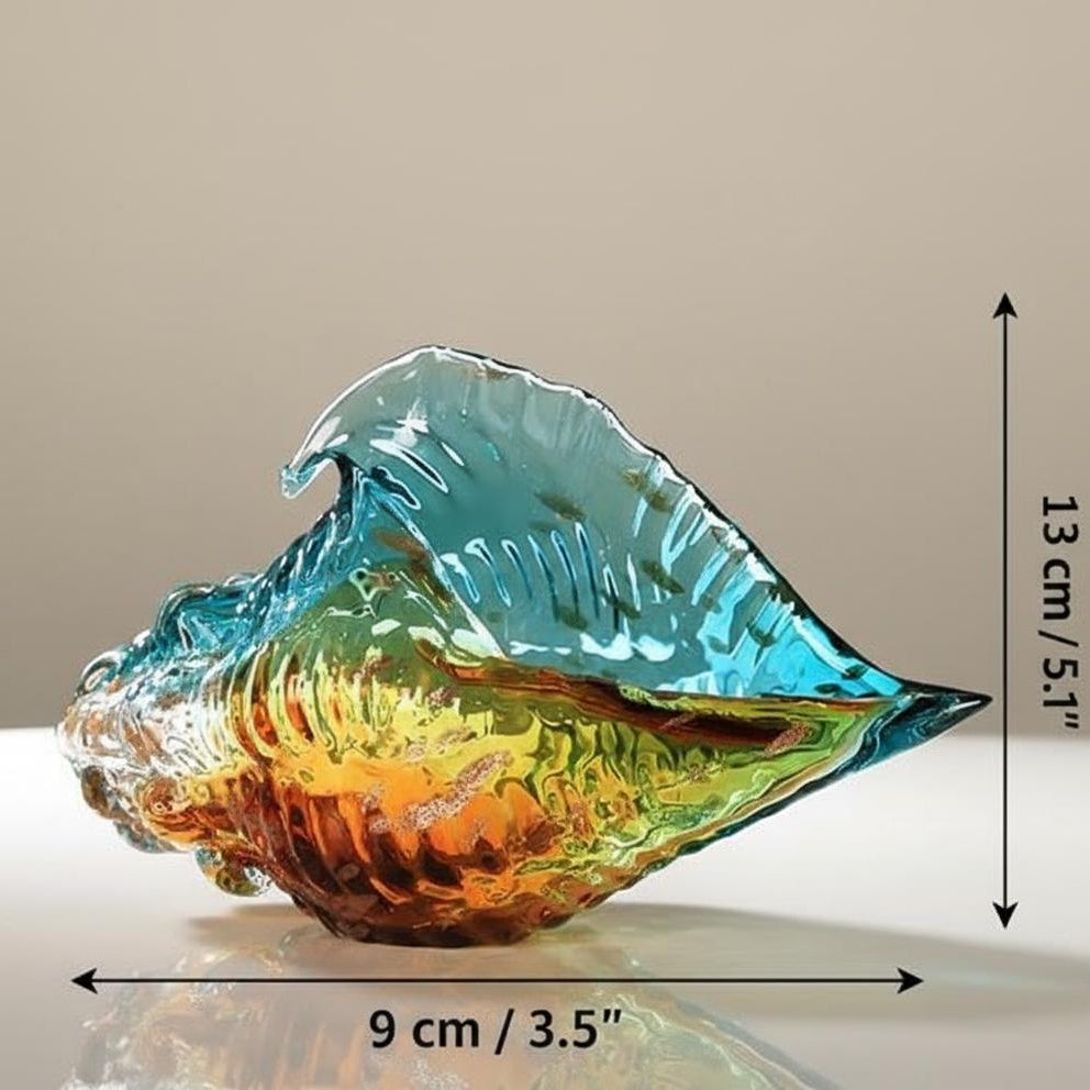 Medium glass shell sculpture with dimension annotations
