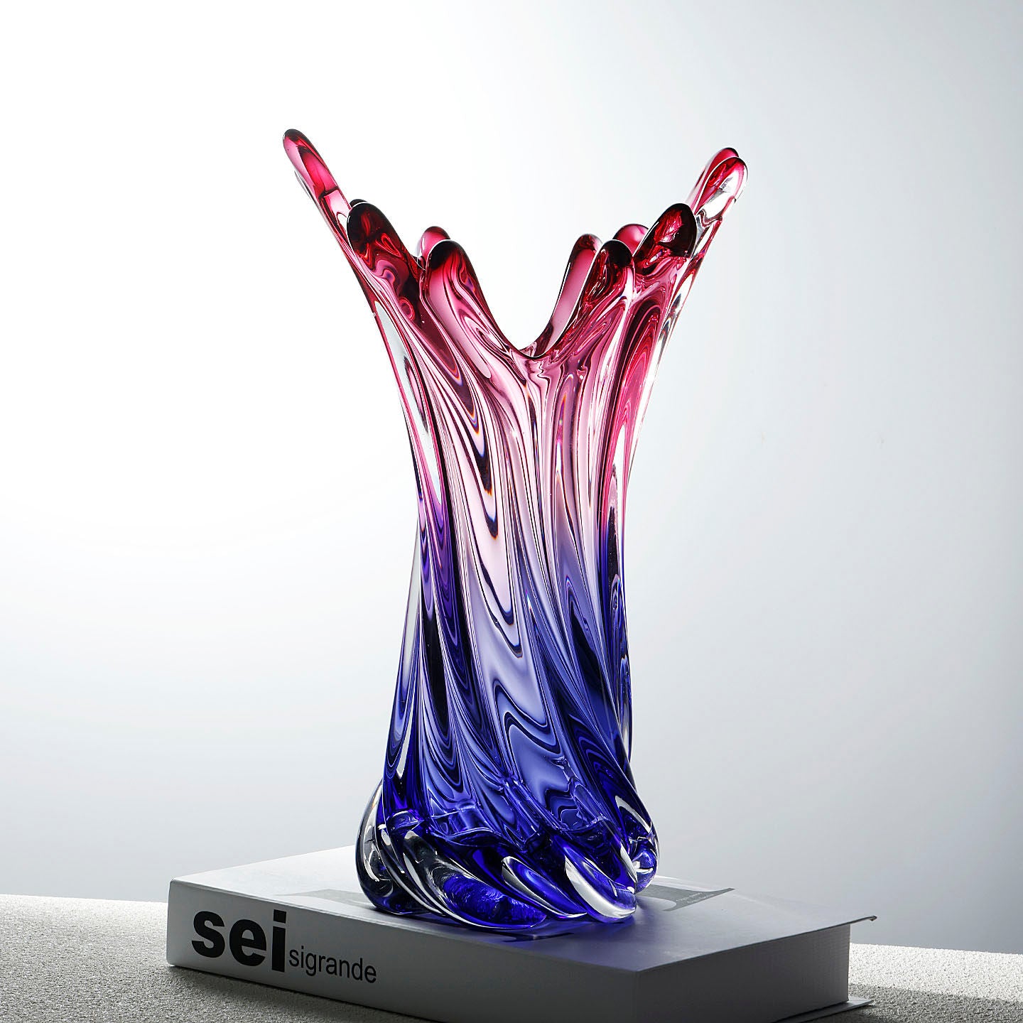 Gradient blue and red glass twisted vase main view