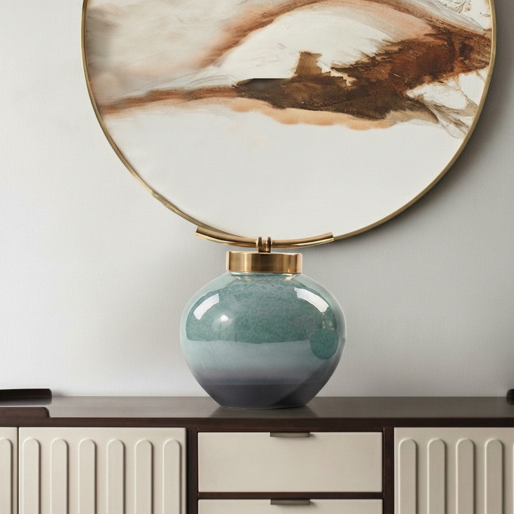 Gradient Ceramic And Brass Spherical Decorative Jar Styled On Console