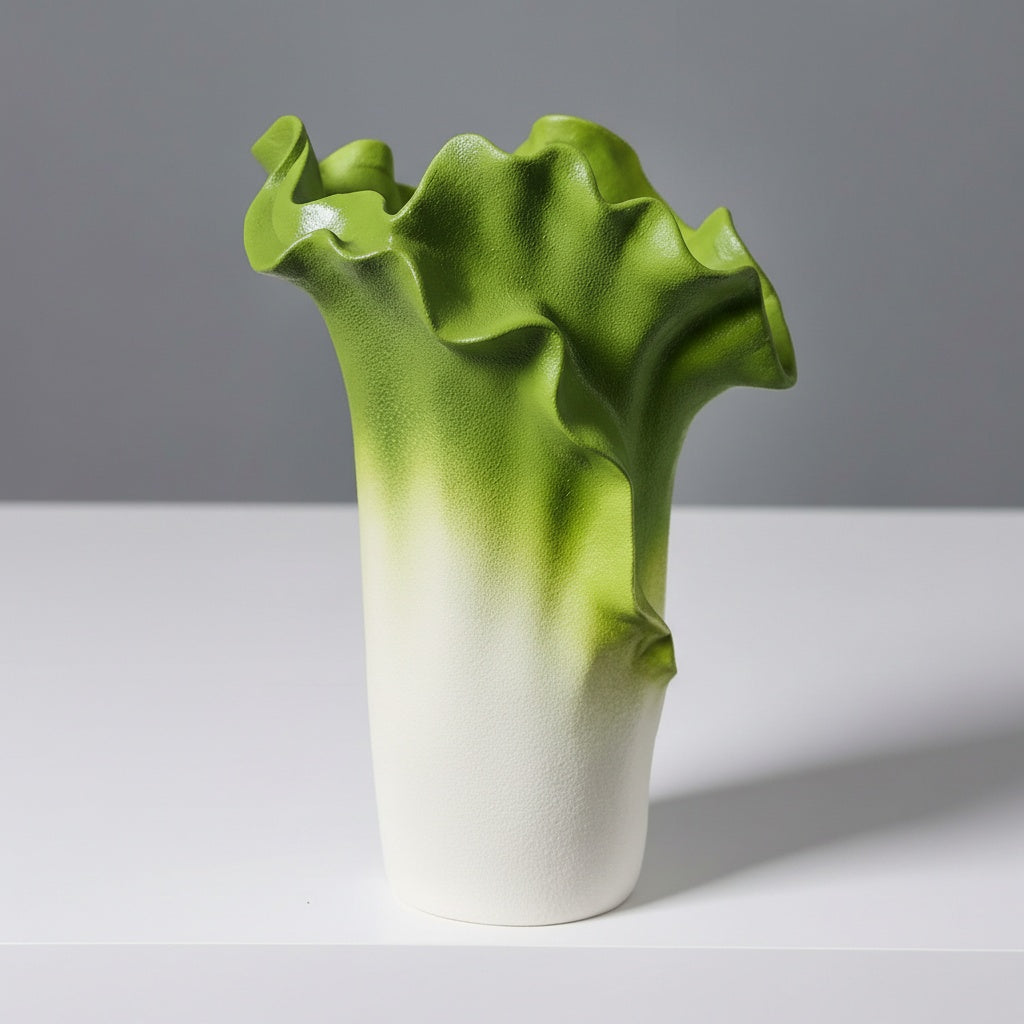 Close up of textured ceramic leaf form vase showing green to white gradient