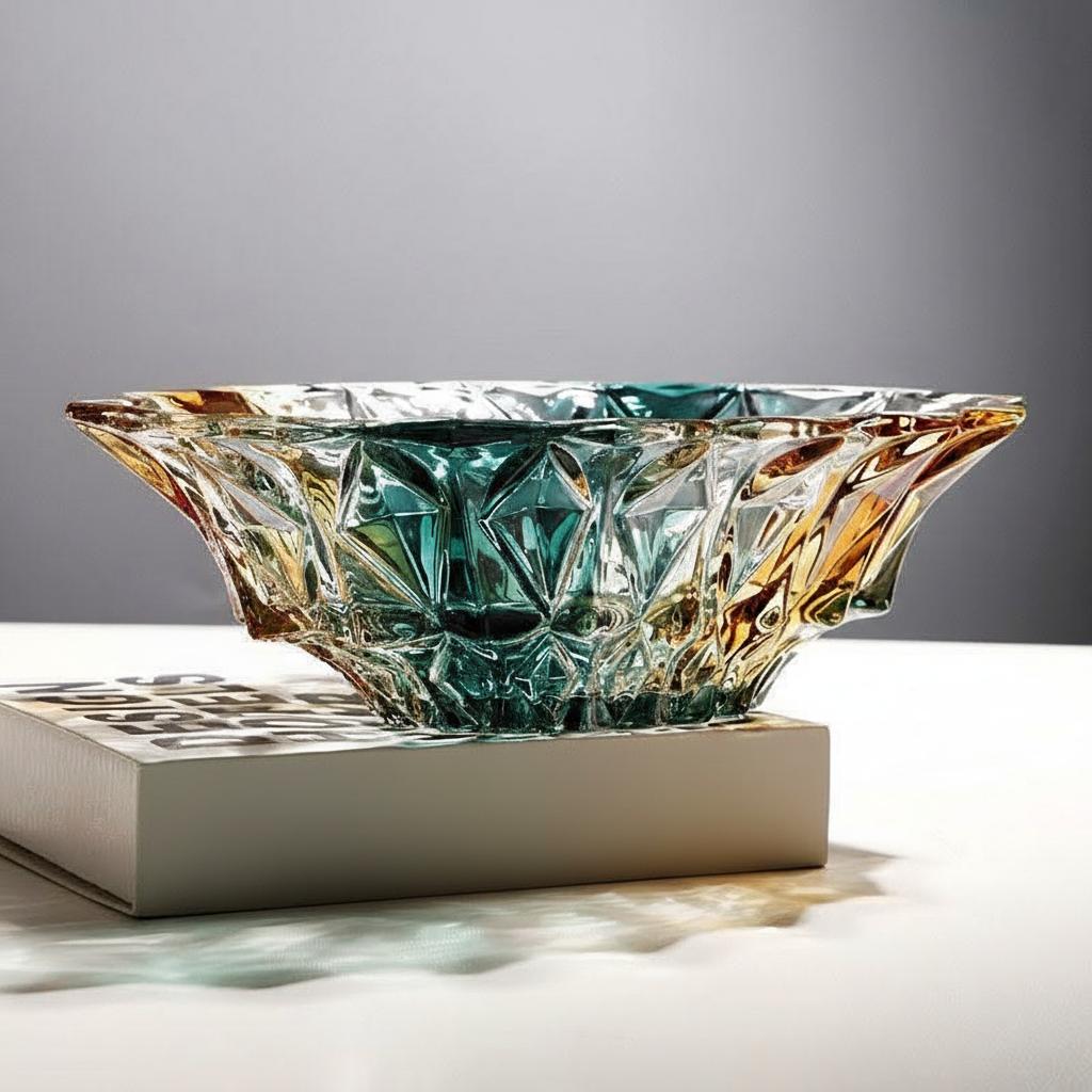 Side view of teal and amber faceted glass bowl