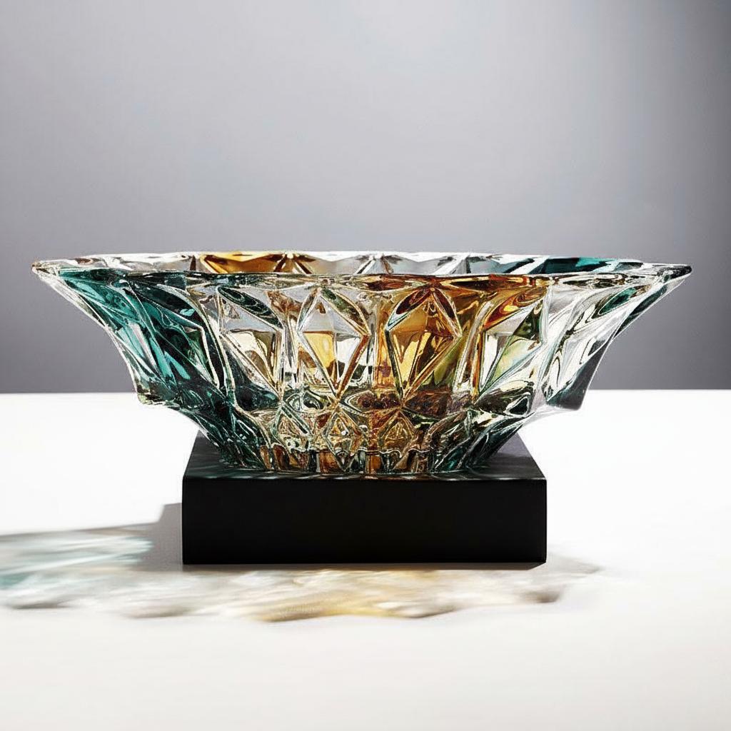Geometric crystal bowl displayed on black pedestal