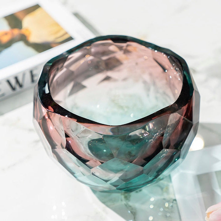 High angle view of empty faceted glass bowl showing rim thickness