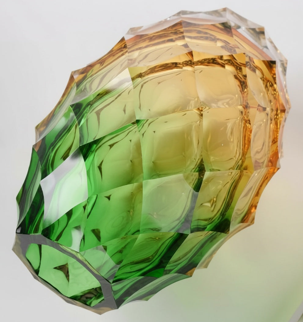 Top angled view showing rim and facets of gradient glass vase
