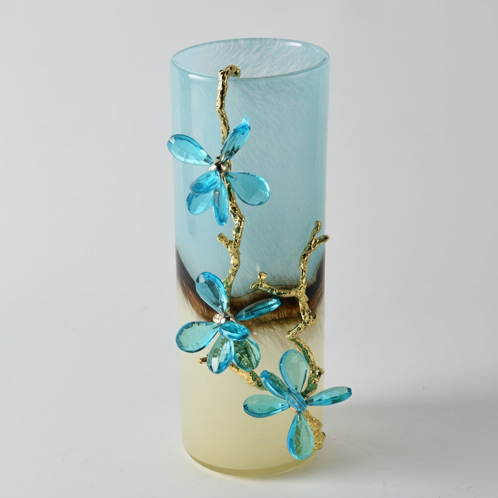 Gradient Glass and Crystal Floral Cylindrical Vase