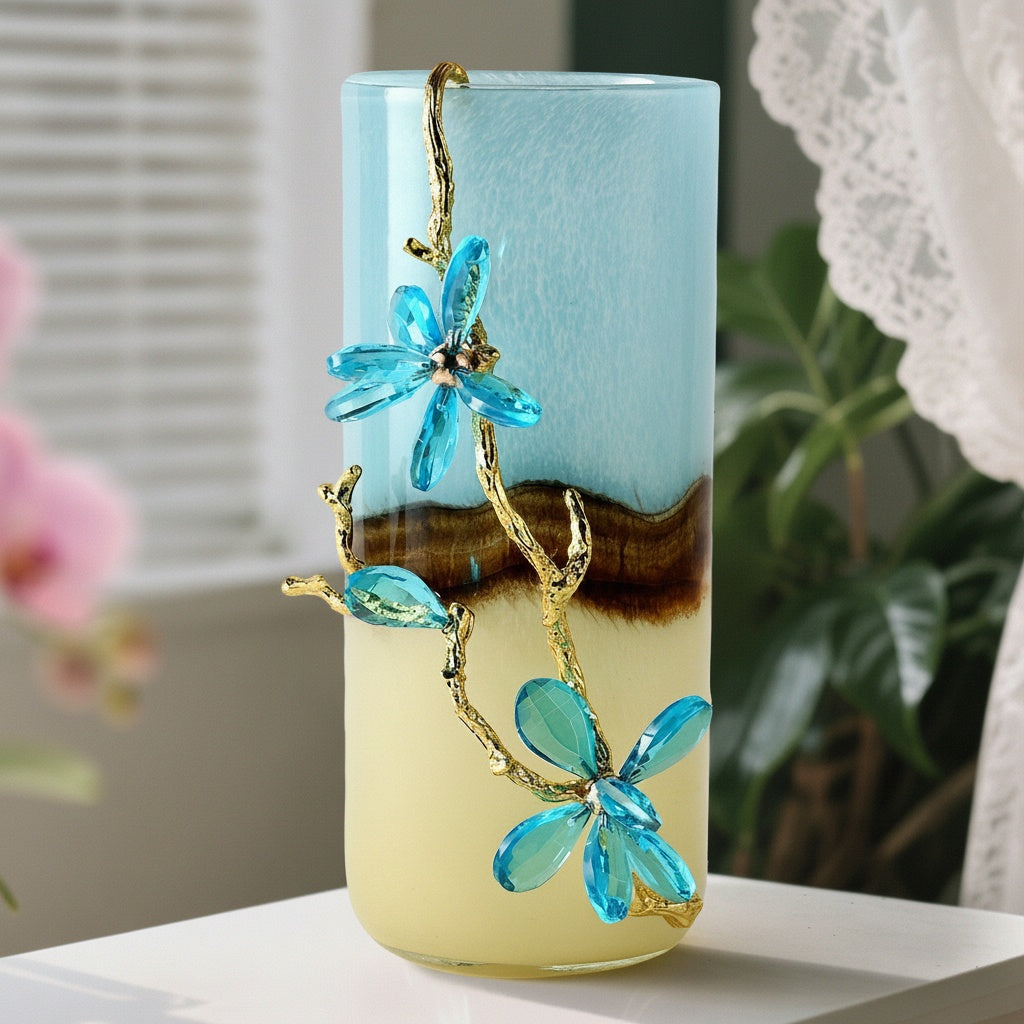 Gradient Glass and Crystal Floral Cylindrical Vase Decor