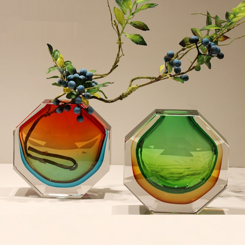 Gradient art glass octagonal vase with floral arrangement