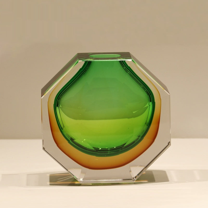 Green gradient octagonal crystal glass vase front view