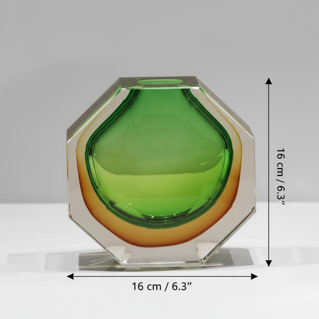 Green geometric glass vase with dimensions