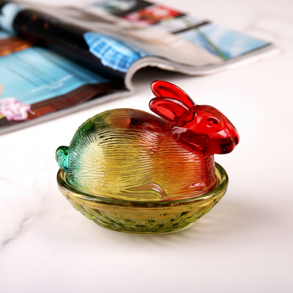 Side view of multi-colored glass rabbit lidded dish