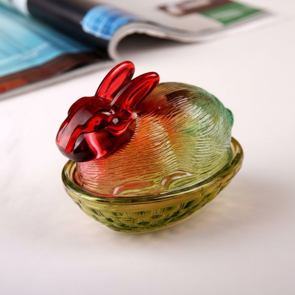 Angled view of gradient glass rabbit storage box