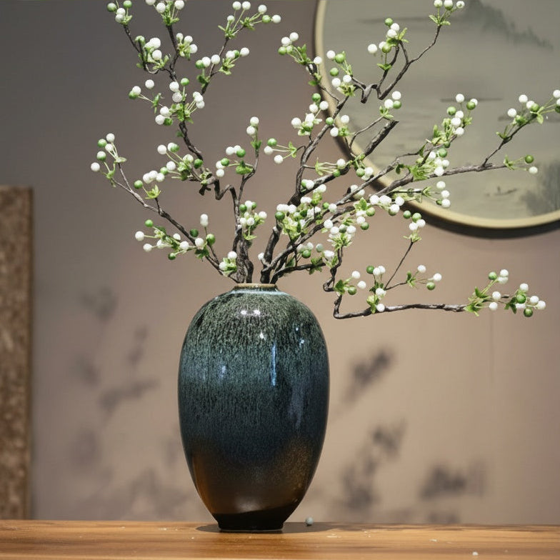 Gradient Glazed Ceramic Oval Vase with White Floral Branches