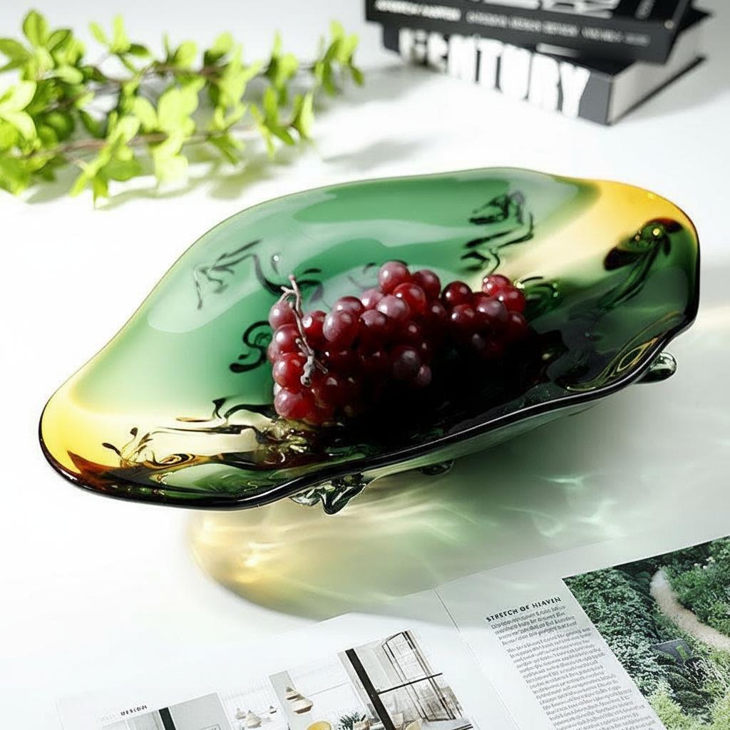 Gradient green art glass bowl with grapes