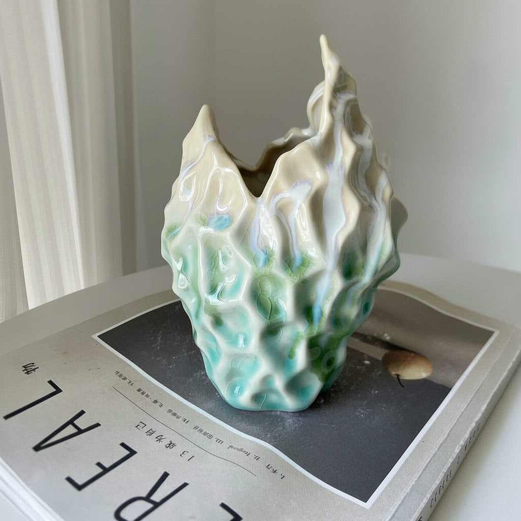 Medium gradient sculptural ceramic vase resting on a magazine
