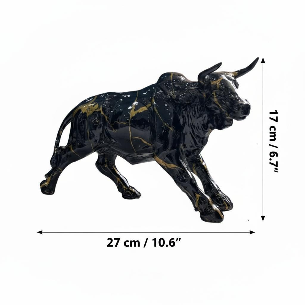 Black and gold bull sculpture with dimension lines