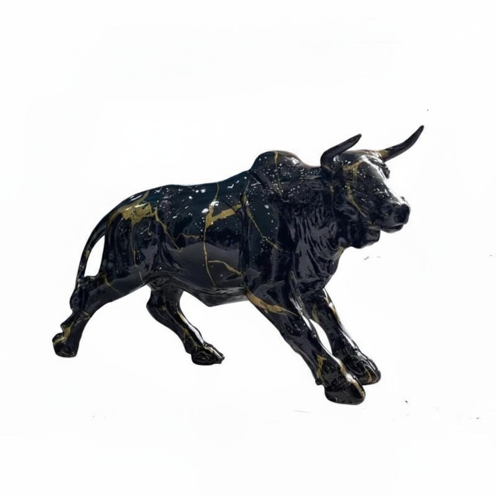 Side view of colorful graffiti art bull sculpture