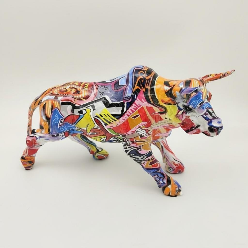 Angled view of modern graffiti bull figurine