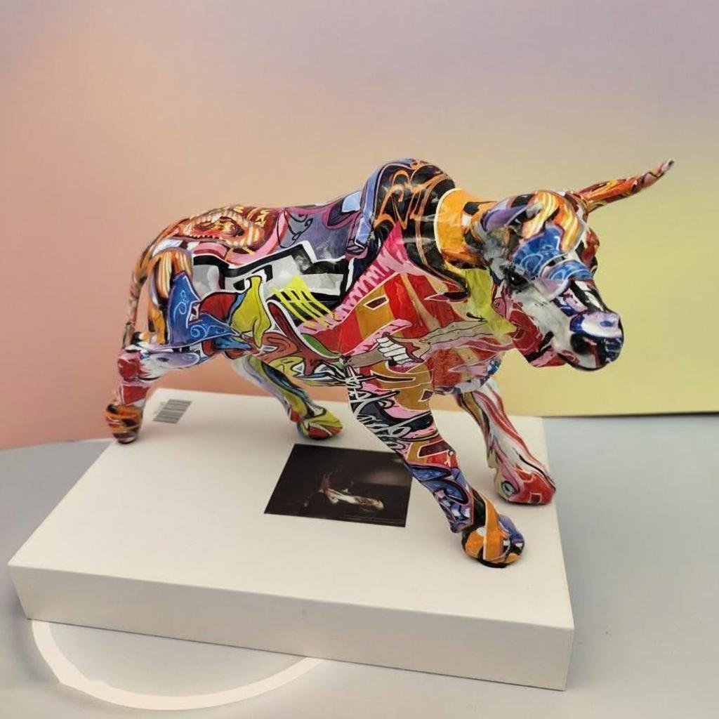 Graffiti bull sculpture displayed on a book