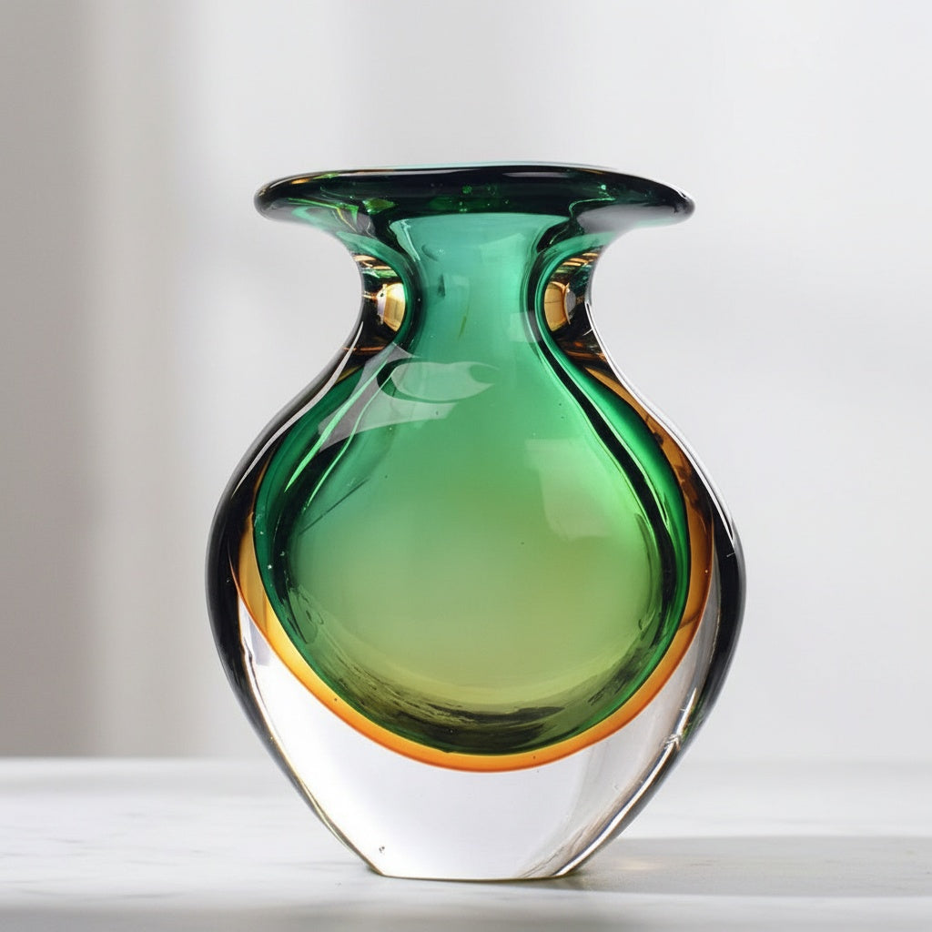 Detail view of encased green and amber glass layers