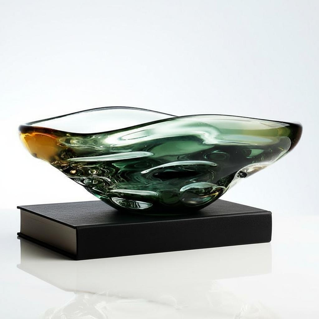 Side view of organic shape glass bowl on black book