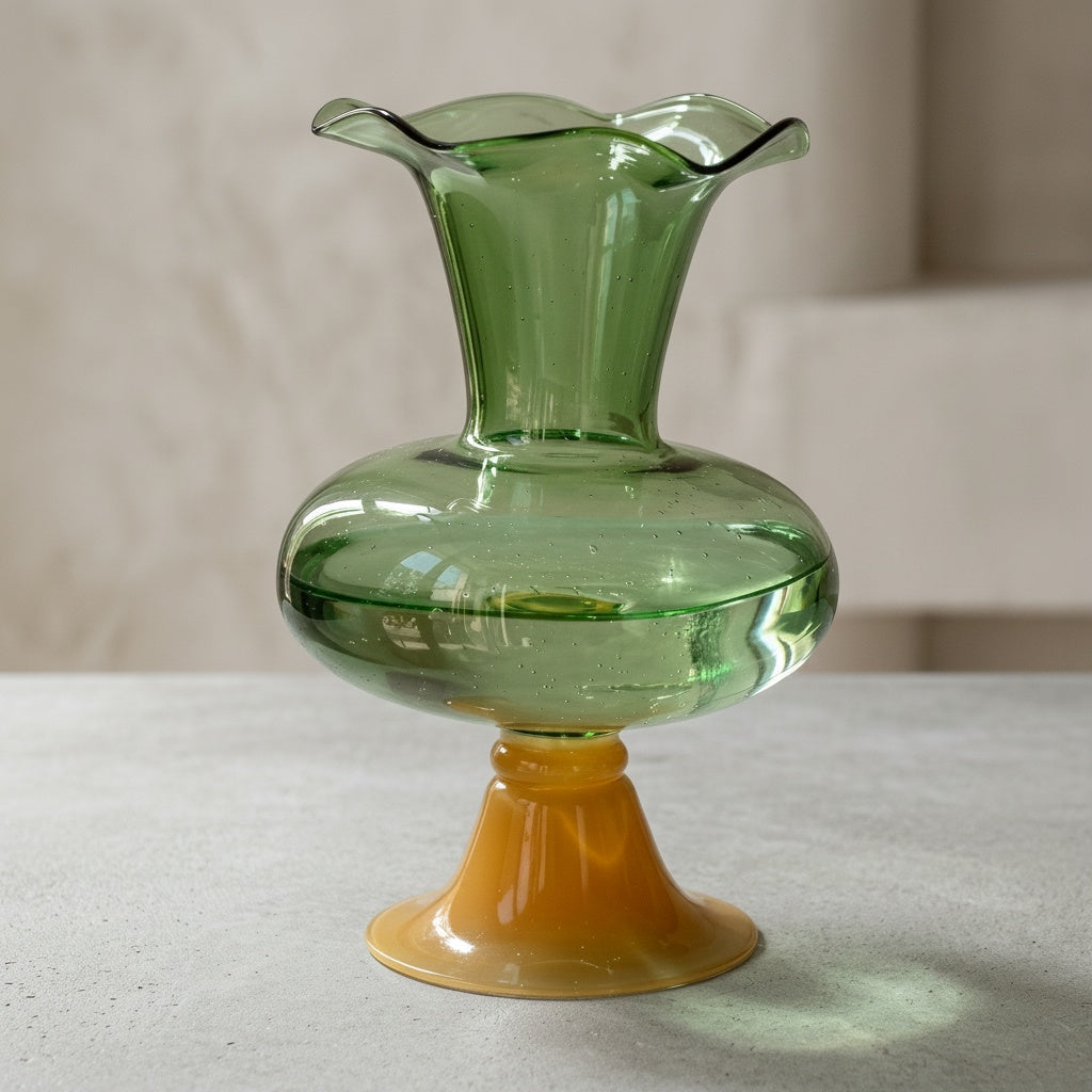 Green And Amber Glass Pedestal Vase