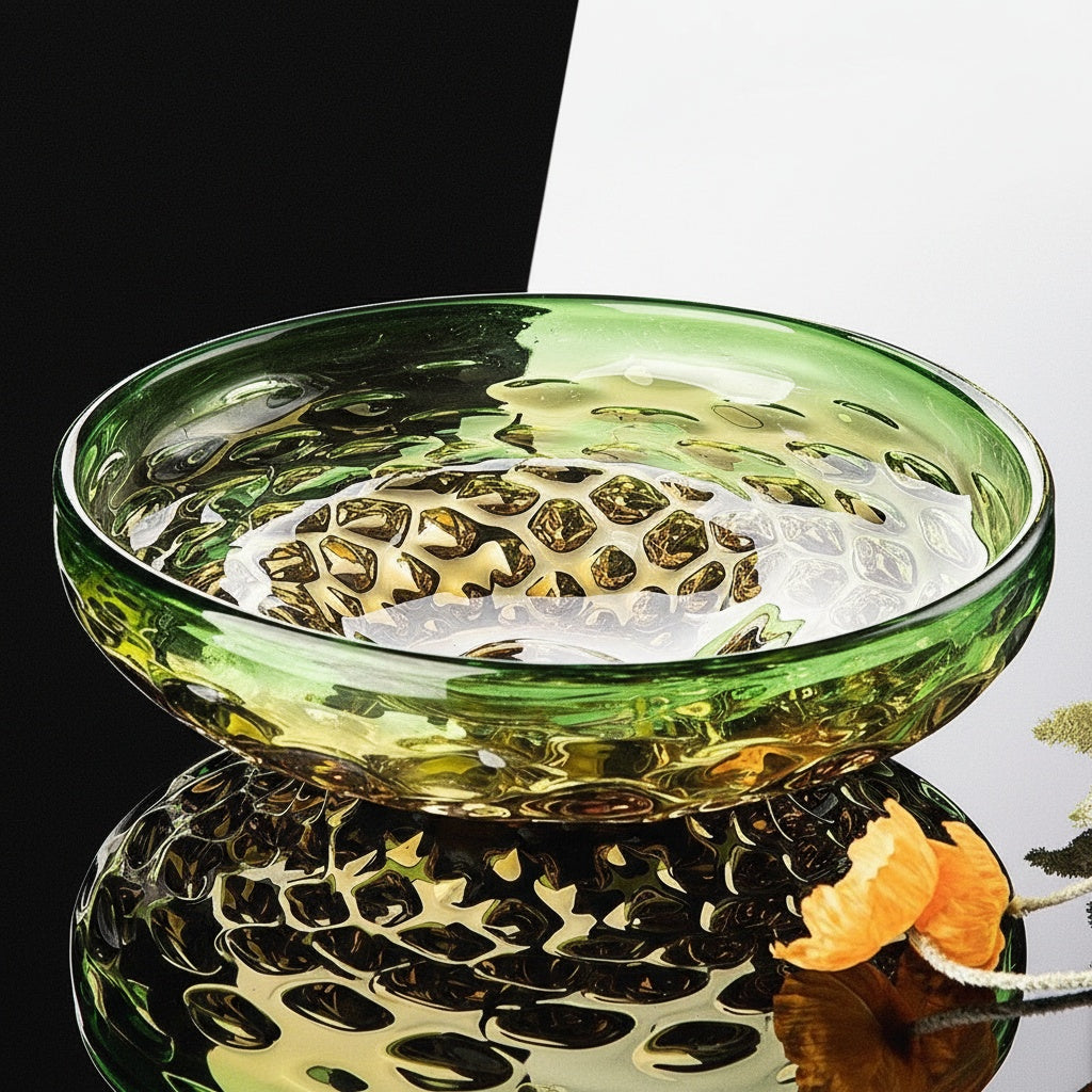 Close up of empty green and amber glass bowl showing thick rim