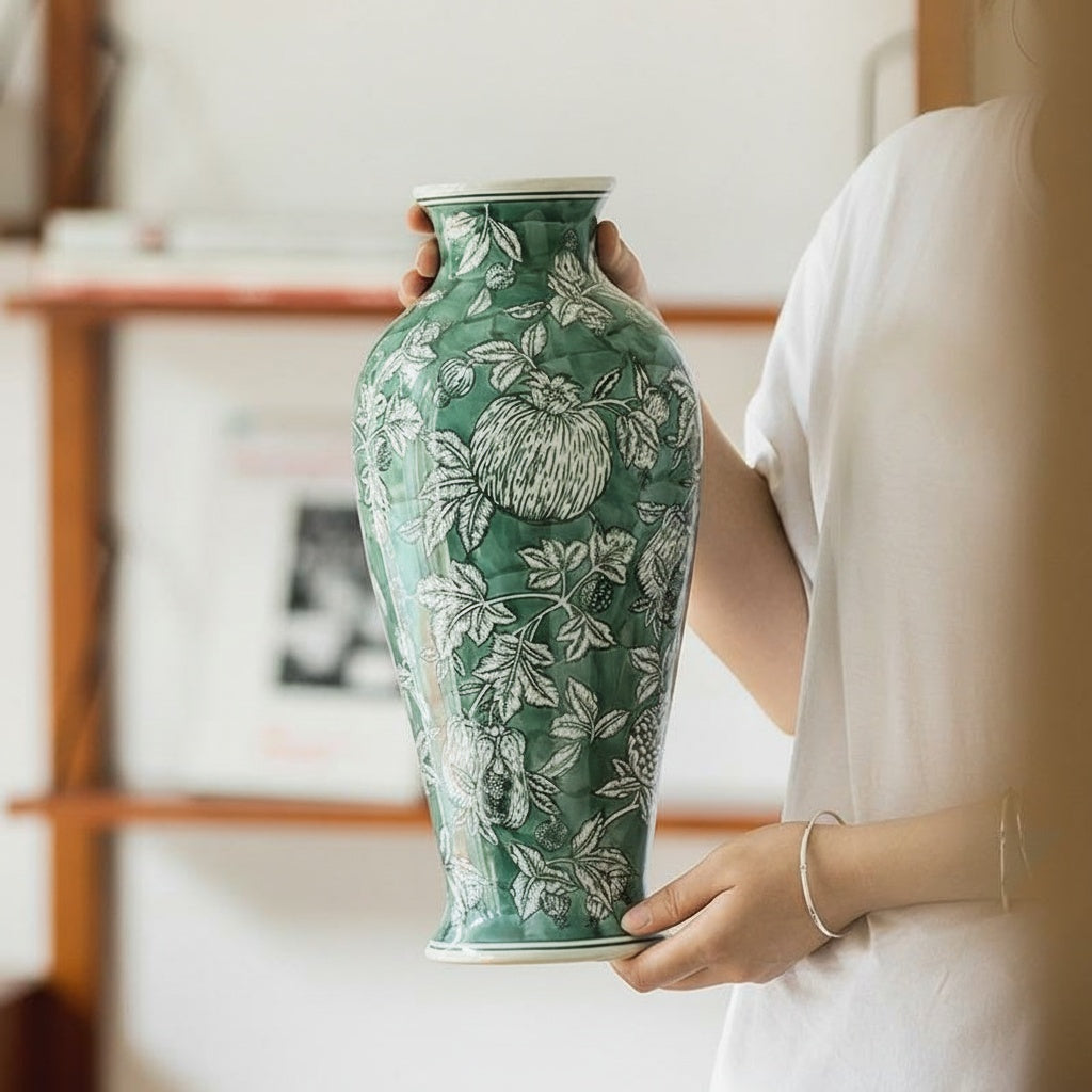 Person holding Green And White Botanical Ceramic Vase