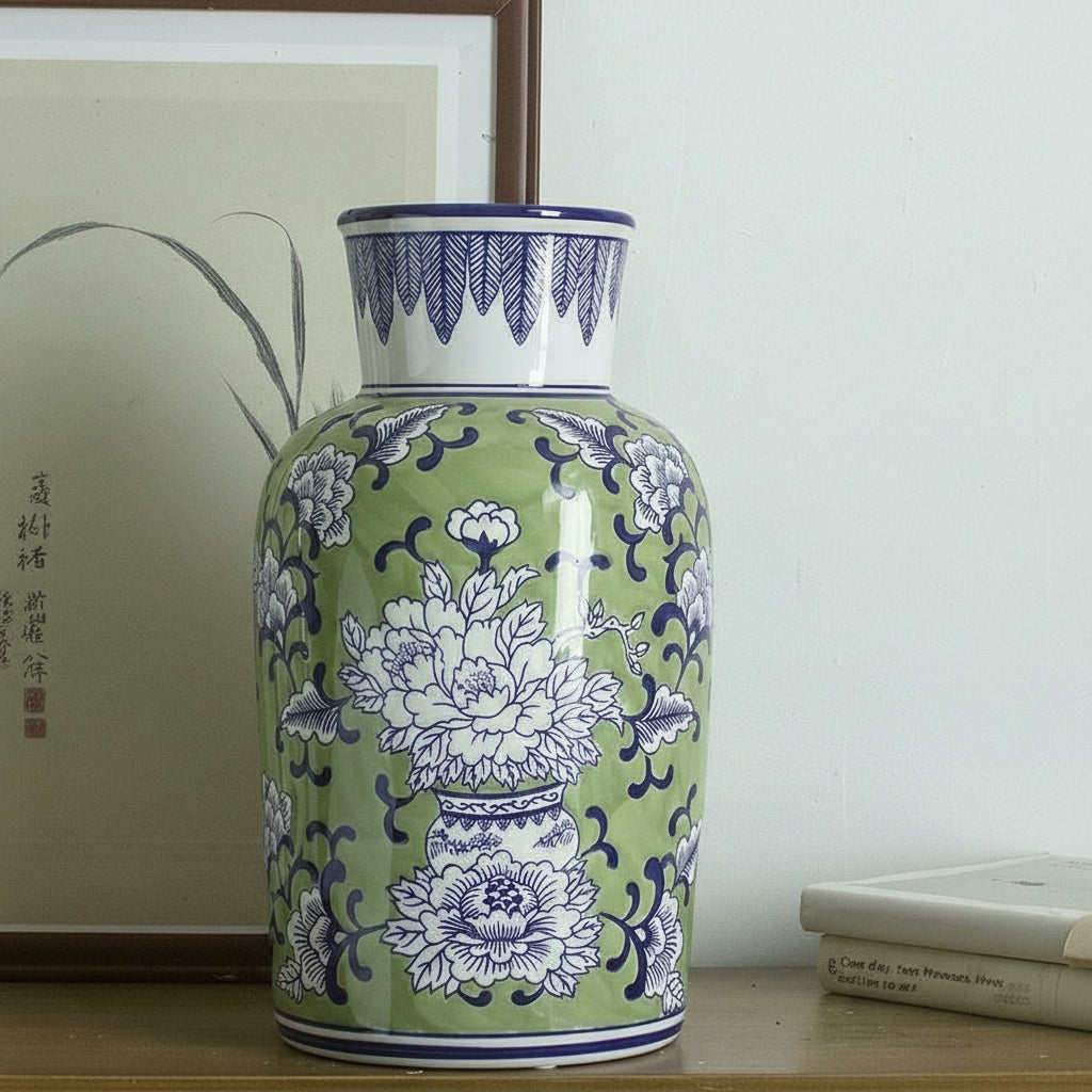 Front view of green ceramic vase with blue peony patterns