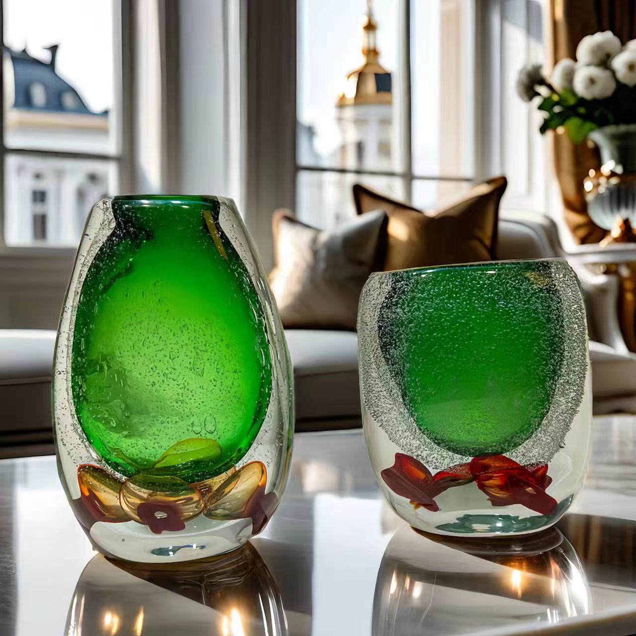 Group shot of large and medium green bubble glass vases on table