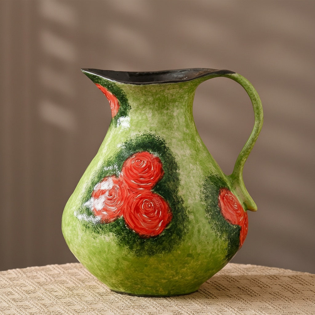 Green ceramic pitcher vase with red rose relief detail