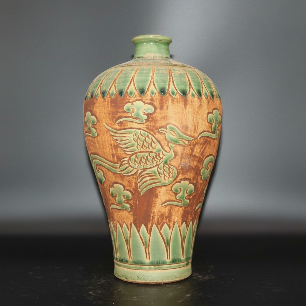 Green & Earth Tone Relief Ceramic Vase