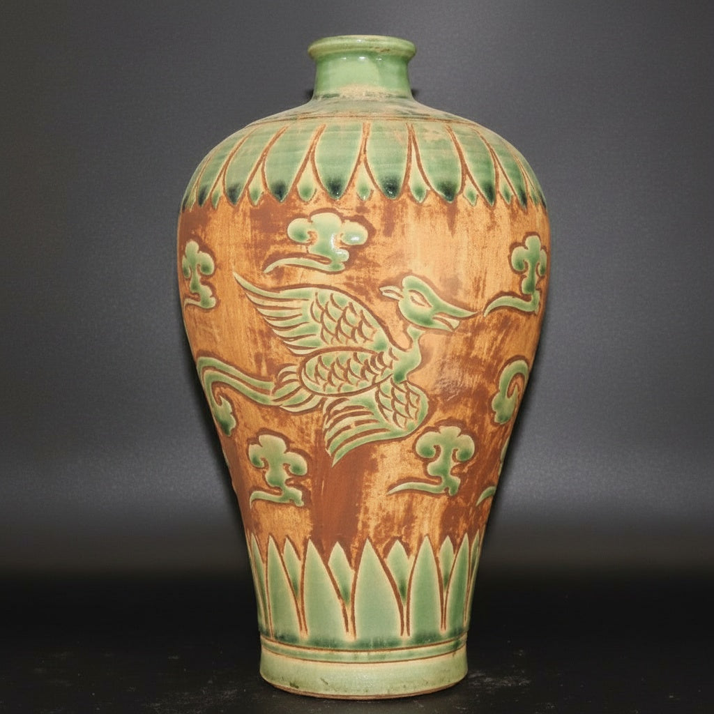 Green & Earth Tone Relief Ceramic Vase