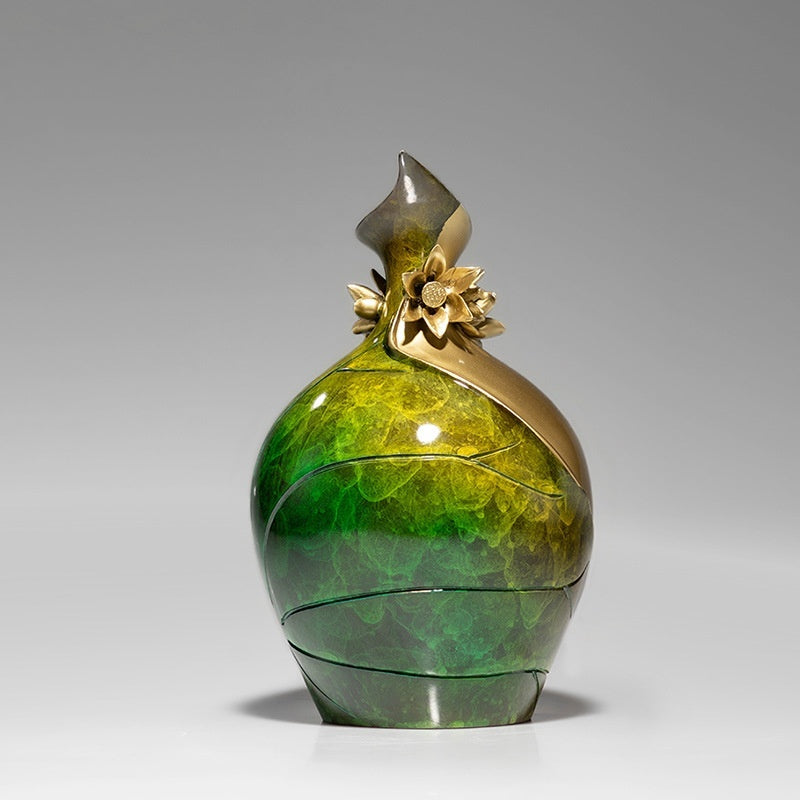 Medium green enamel vase with gold floral details front view