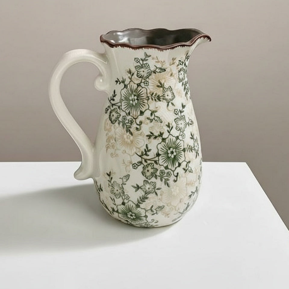 Green floral ceramic pitcher vase front view