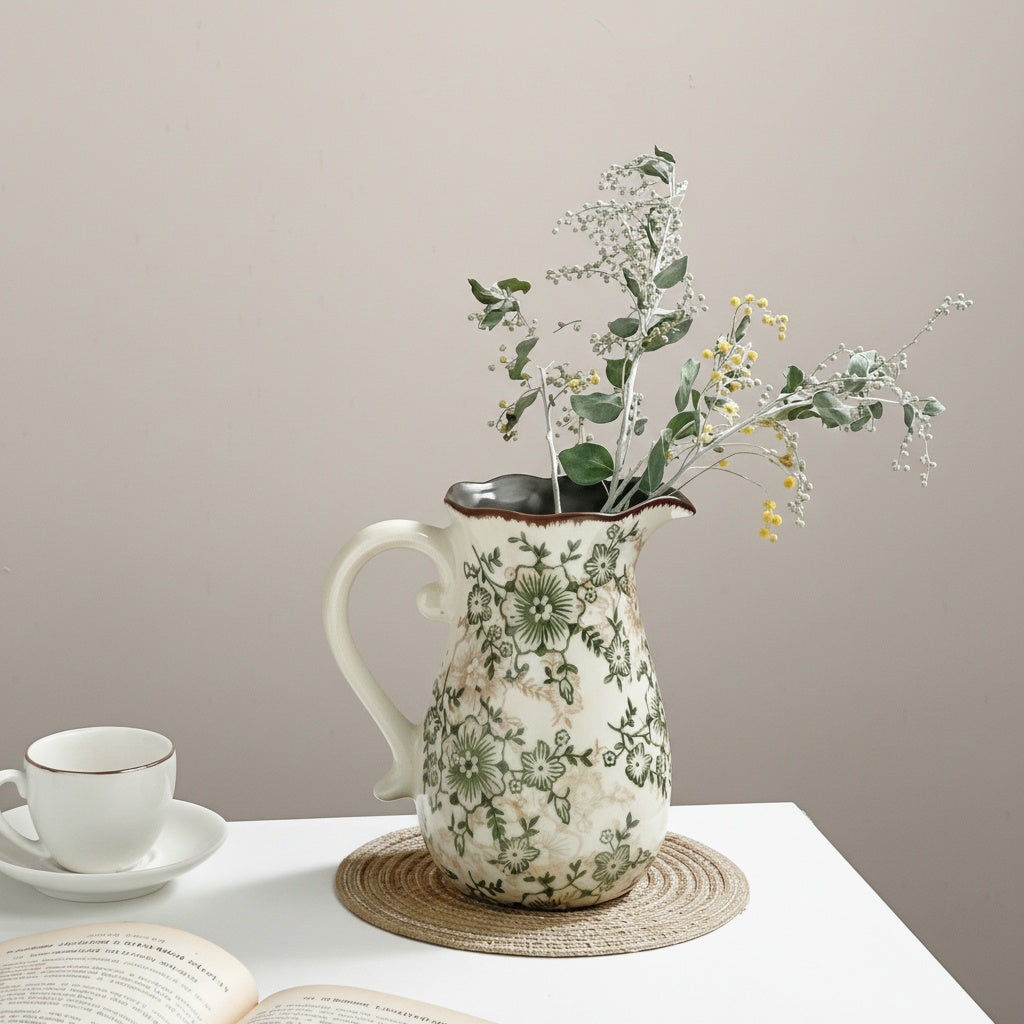 Green floral ceramic pitcher vase with flowers on table