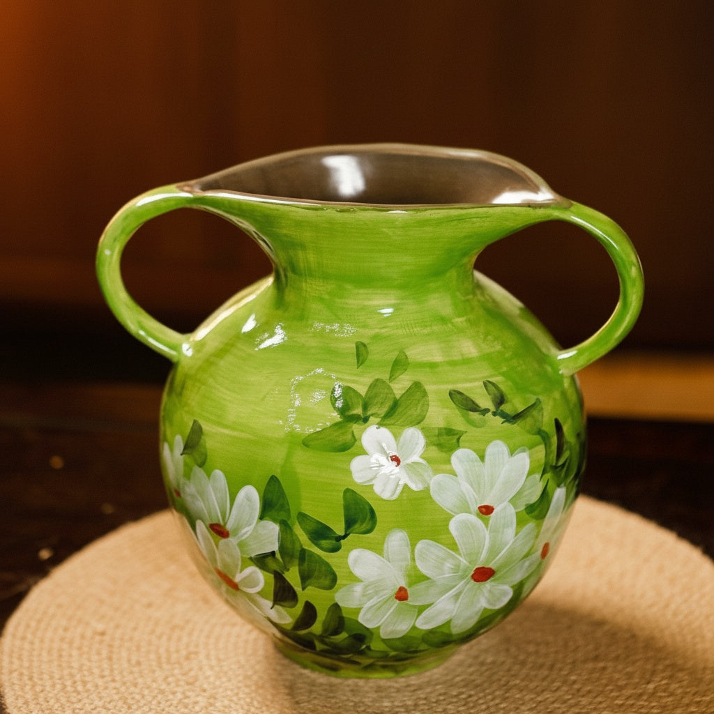 Glazed Ceramic Floral Twin Handled Vase