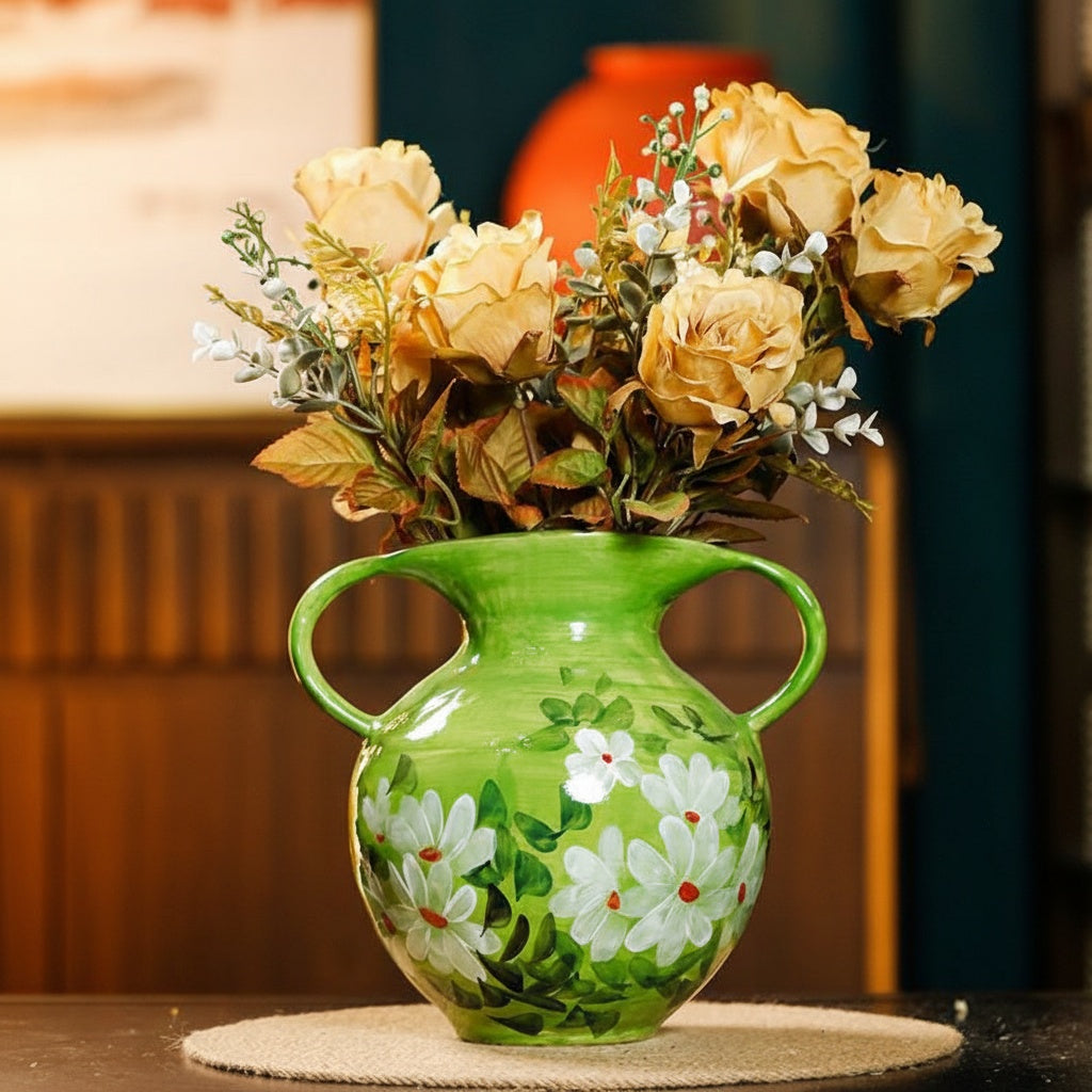 Glazed Ceramic Floral Twin Handled Vase with Yellow Roses