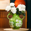 Glazed Ceramic Floral Twin Handled Vase with White Roses